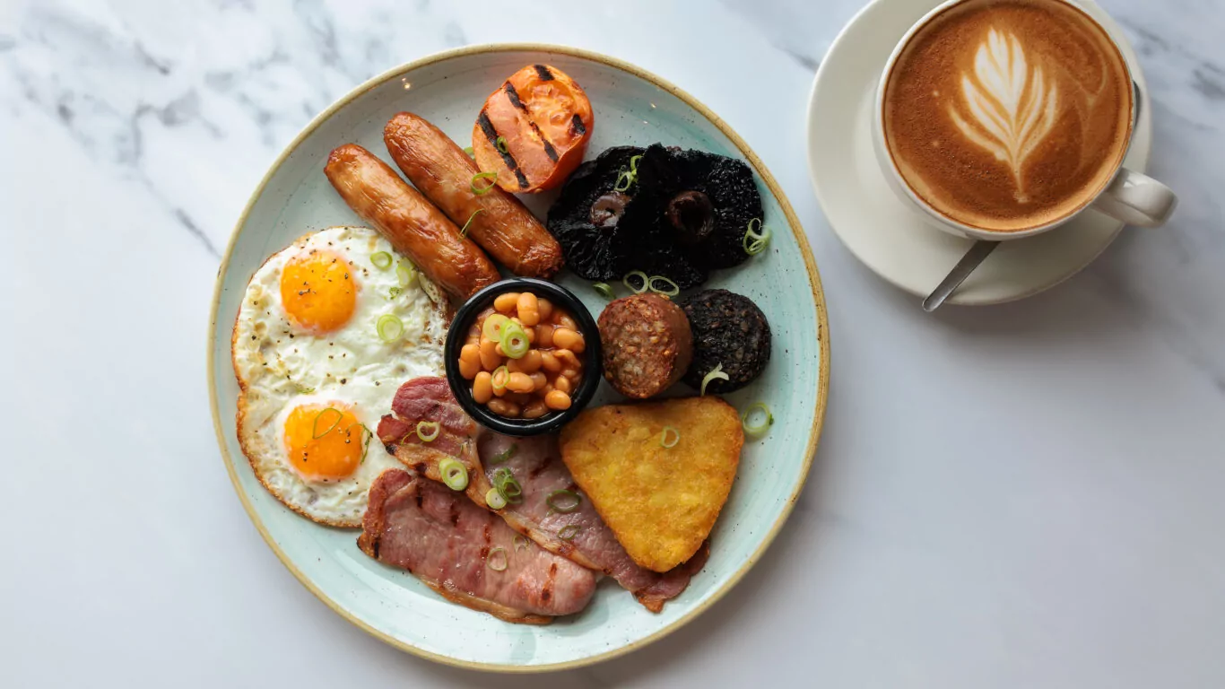 Full Irish breakfast with a latte