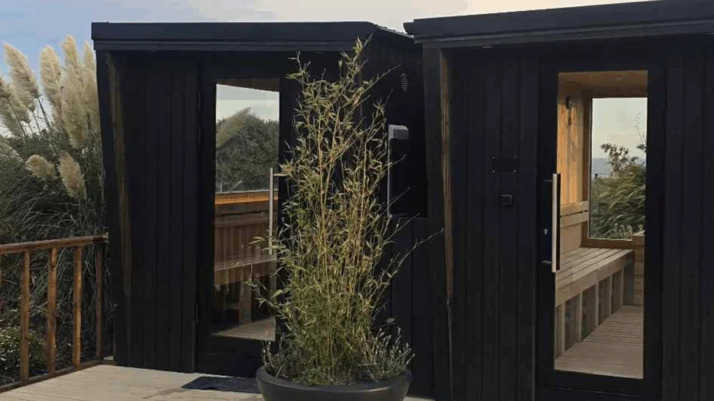 Two modern black wooden sauna cabins with glass doors sit side by side on a deck, separated by a potted plant in the foreground.