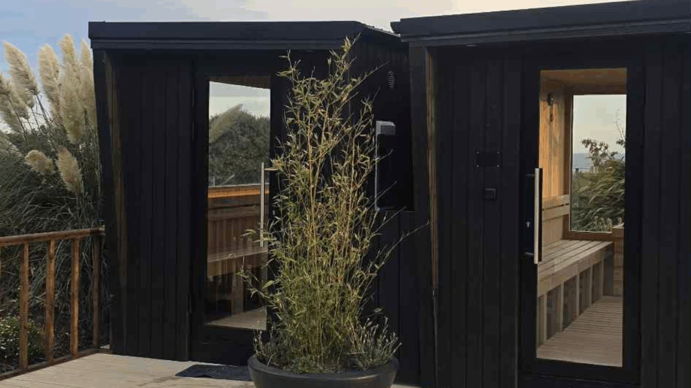 Two modern black wooden sauna cabins with glass doors sit side by side on a deck, separated by a potted plant in the foreground.