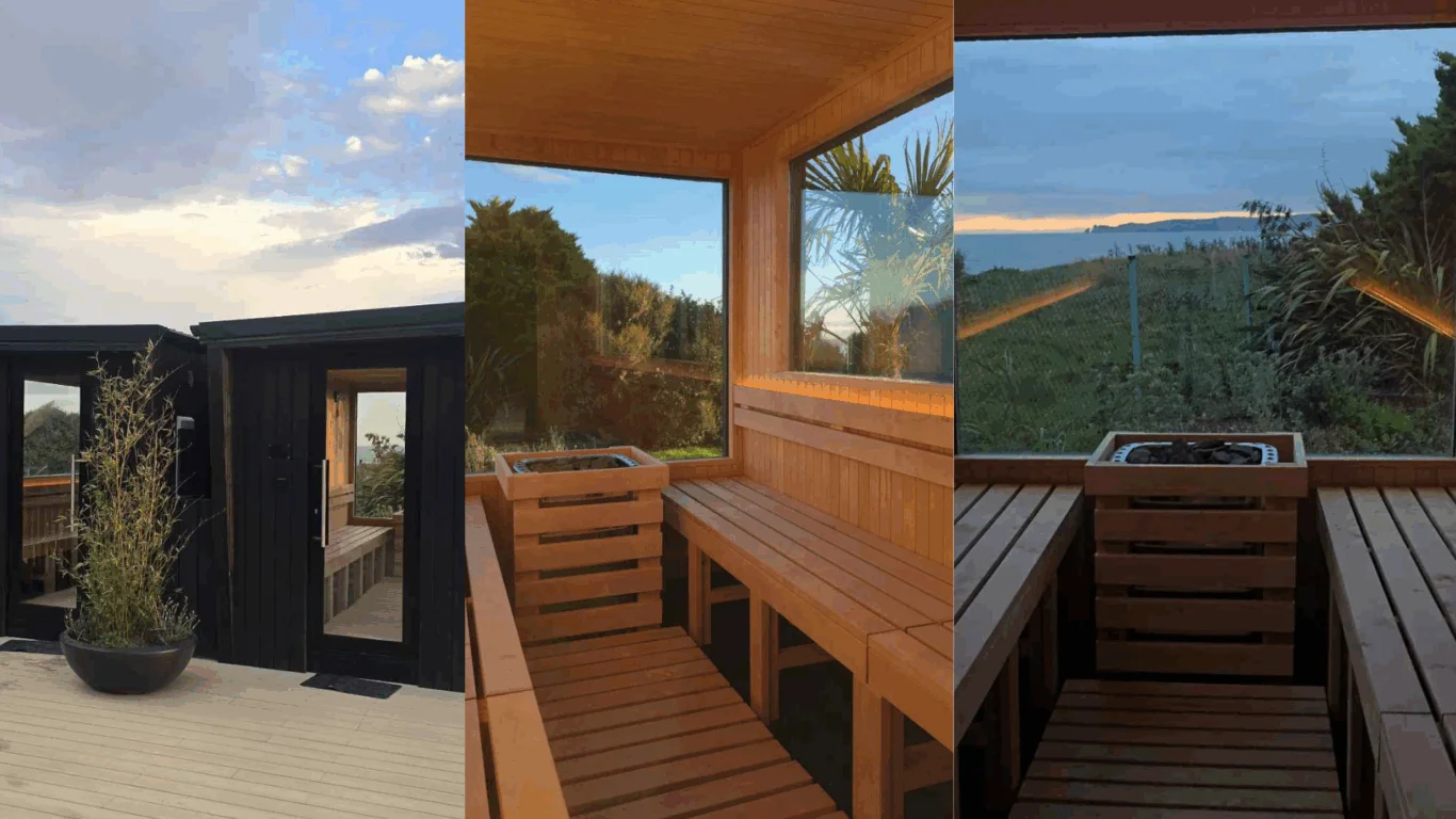 Three photos show a modern outdoor sauna: exterior with black siding, interior wood benches, and a view from inside looking out toward greenery and the sea.