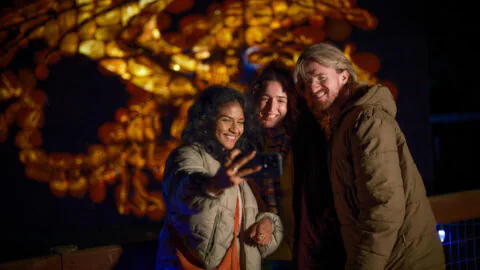 Guests enjoy a magical evening selfie in front of a vibrant dragon light display at the hotel garden festivities.